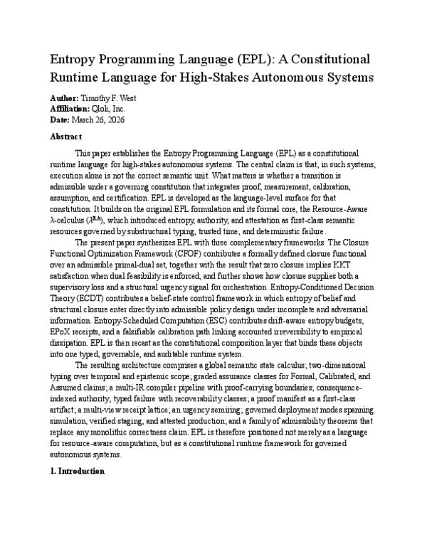 (PDF) Entropy Programming Language (EPL): A Constitutional Runtime ...