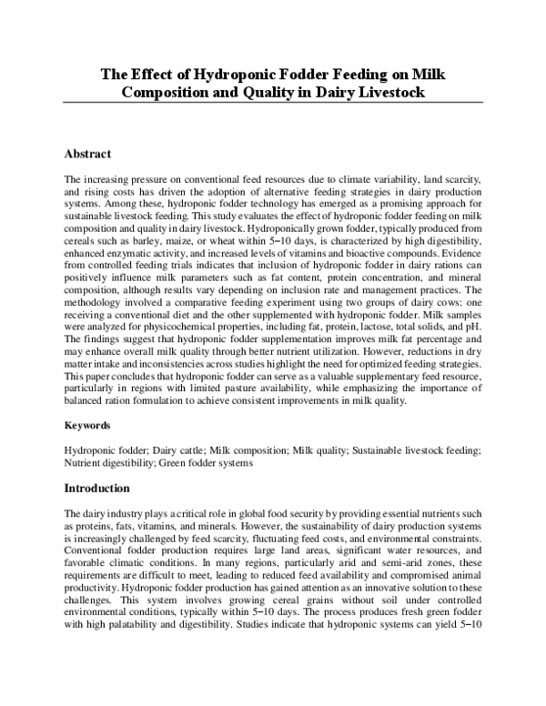 (PDF) The Effect of Hydroponic Fodder Feeding on Milk Composition and ...
