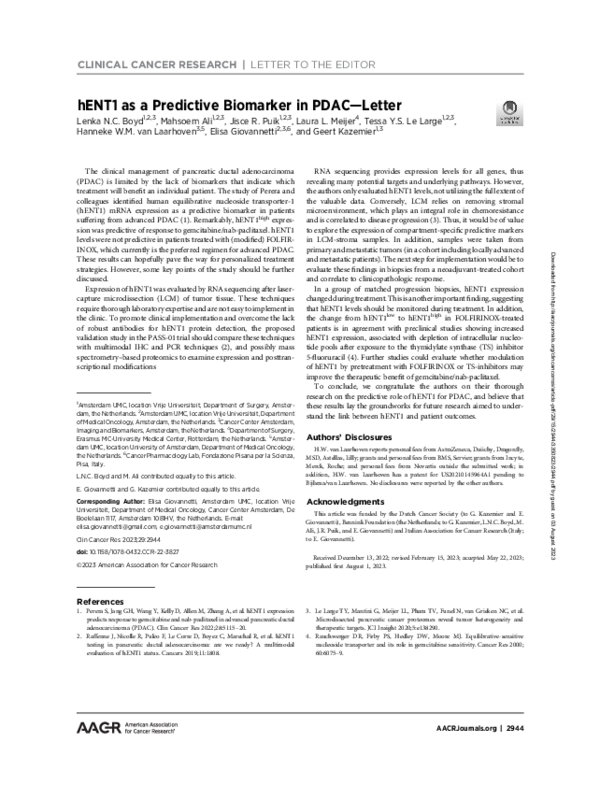 (PDF) hENT1 as a Predictive Biomarker in PDAC—Letter