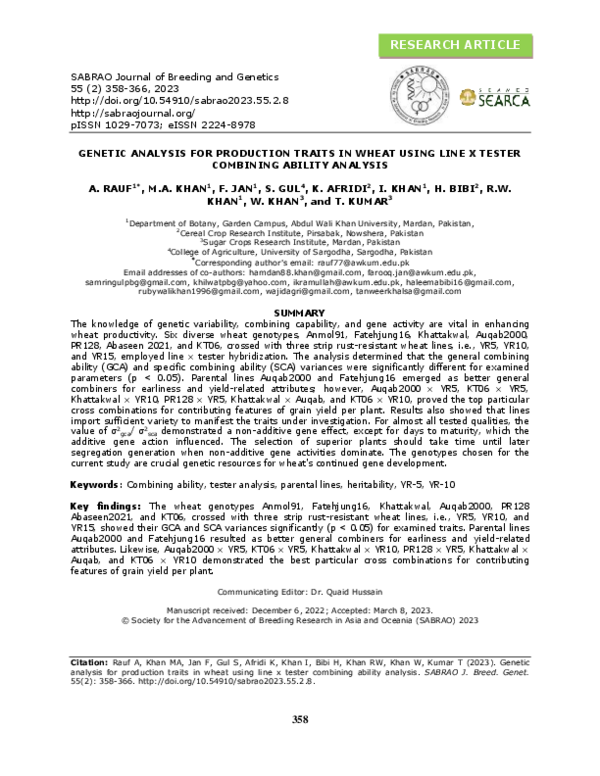(PDF) Genetic Analysis for Production Traits in Wheat Using Line X ...