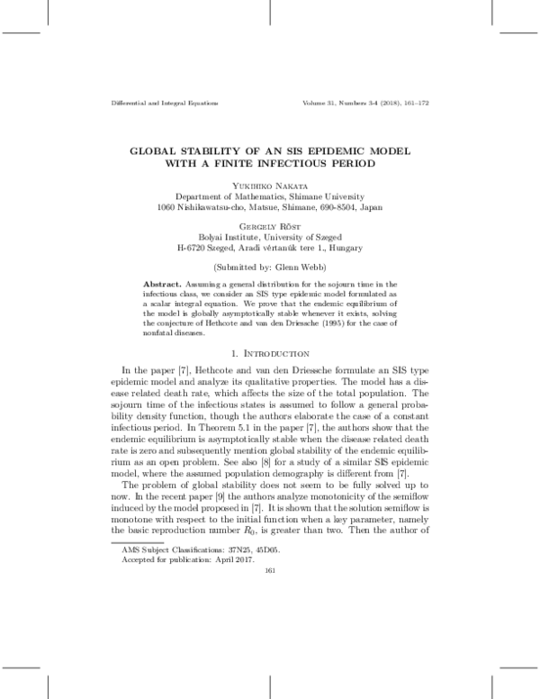 (PDF) Global stability of an SIS epidemic model with a finite ...