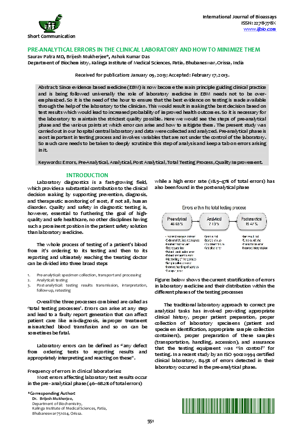 (PDF) Pre-Analytical Errors in the Clinical Laboratory and How to ...