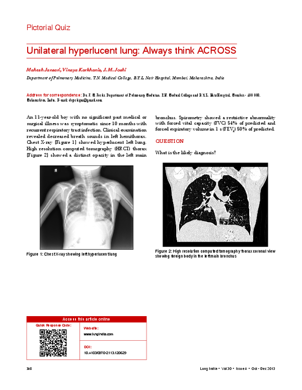 (PDF) Unilateral hyperlucent lung: Always think ACROSS