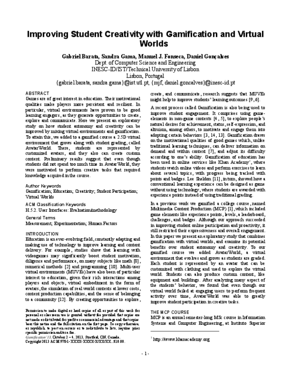 (PDF) Improving student creativity with gamification and virtual worlds