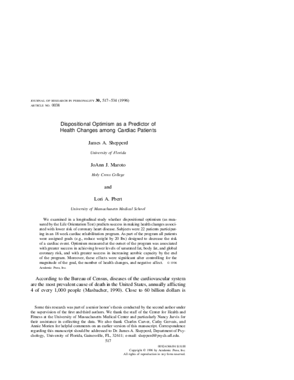 (PDF) Dispositional Optimism as a Predictor of Health Changes among ...