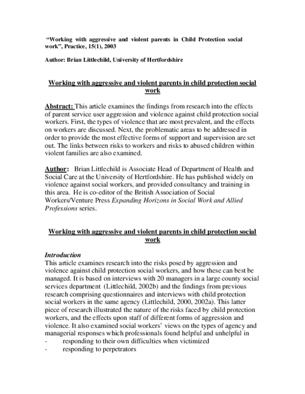 (PDF) Working with aggressive and violent parents in child protection ...