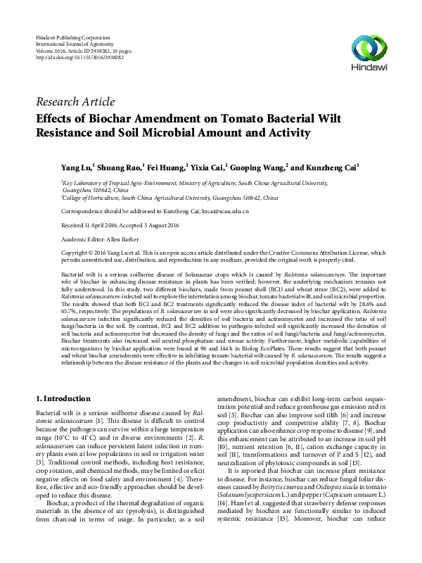 (PDF) Effects of Biochar Amendment on Tomato Bacterial Wilt Resistance ...