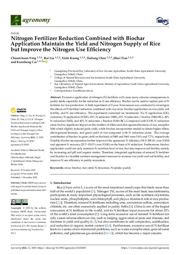 (PDF) Nitrogen Fertilizer Reduction Combined with Biochar Application ...