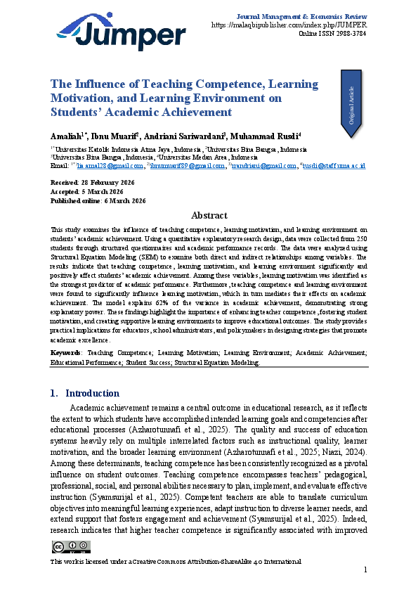 (PDF) The Influence of Teaching Competence, Learning Motivation, and ...
