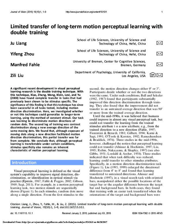 (PDF) Limited transfer of long-term motion perceptual learning with ...