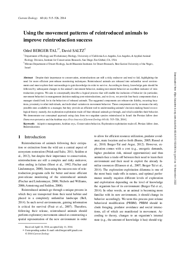 (PDF) Using the movement patterns of reintroduced animals to improve ...