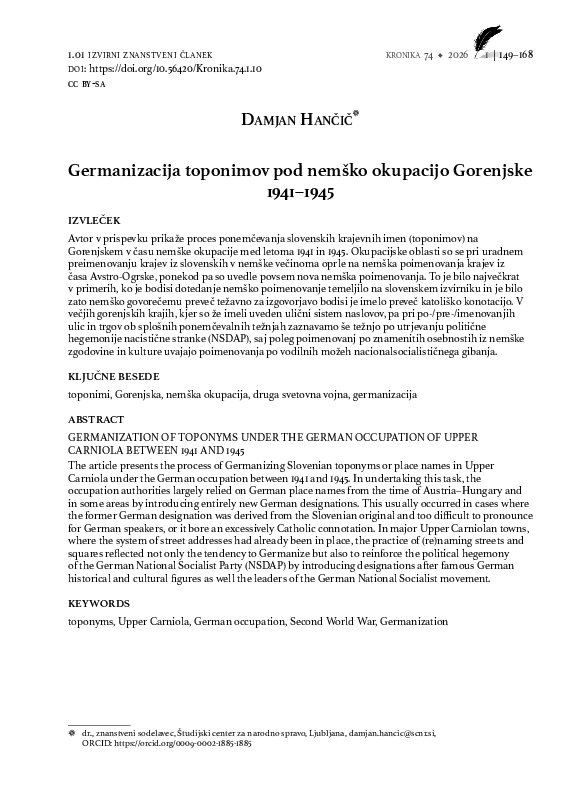 (PDF) Germanizacija toponimov pod nemško okupacijo Gorenjske 1941-1945