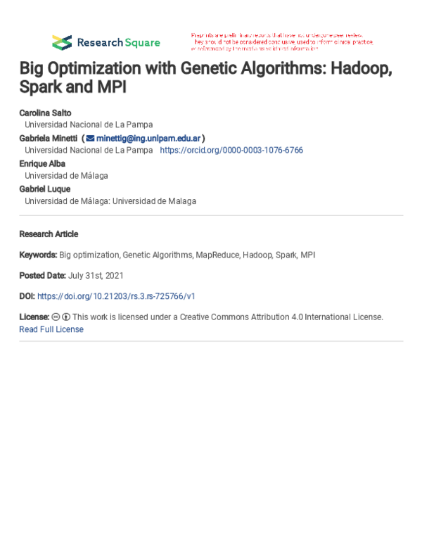 (PDF) Big Optimization with Genetic Algorithms: Hadoop, Spark and MPI