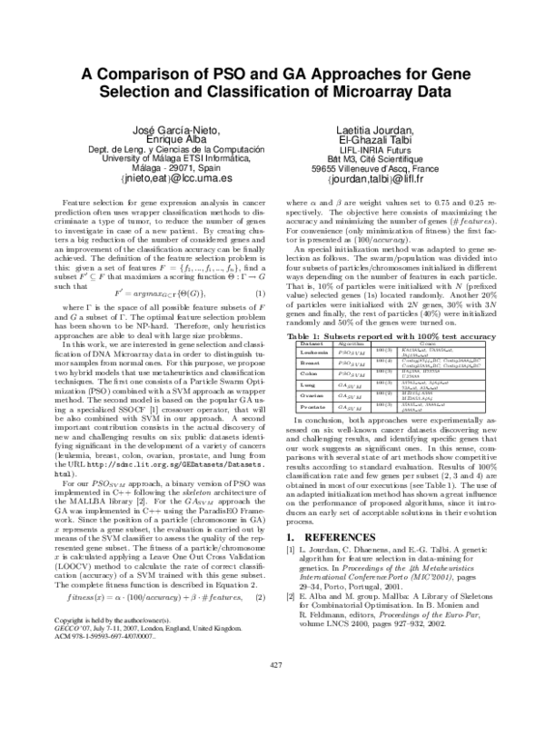 (PDF) A comparison of PSO and GA approaches for gene selection and ...