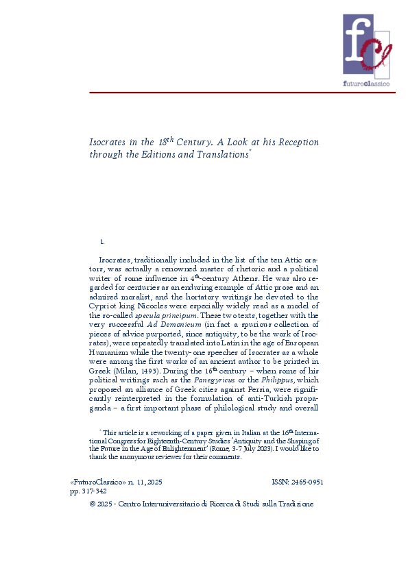 (PDF) Isocrates in the 18th Century. A Look at his Reception through ...