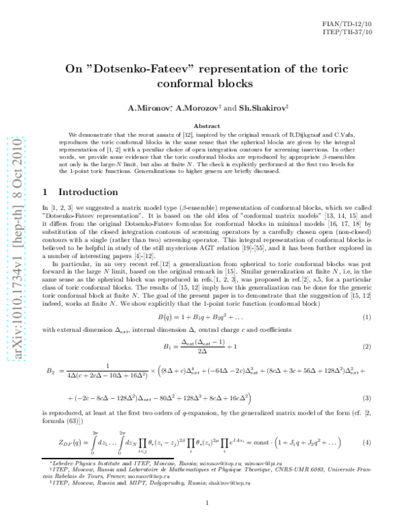 (PDF) On the ‘Dotsenko–Fateev’ representation of the toric conformal blocks