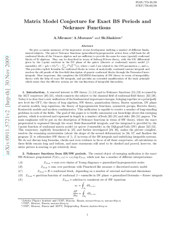 (PDF) Matrix model conjecture for exact BS periods and Nekrasov functions