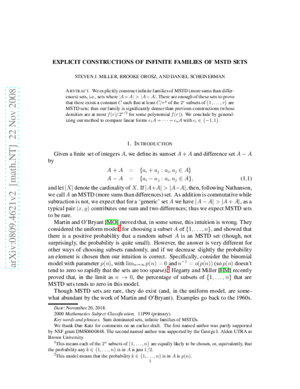 (PDF) Explicit Constructions of Infinite Families of MSTD Sets