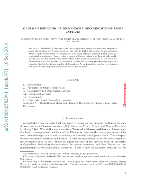 (PDF) Gaussian Behavior in Zeckendorf Decompositions From Lattices