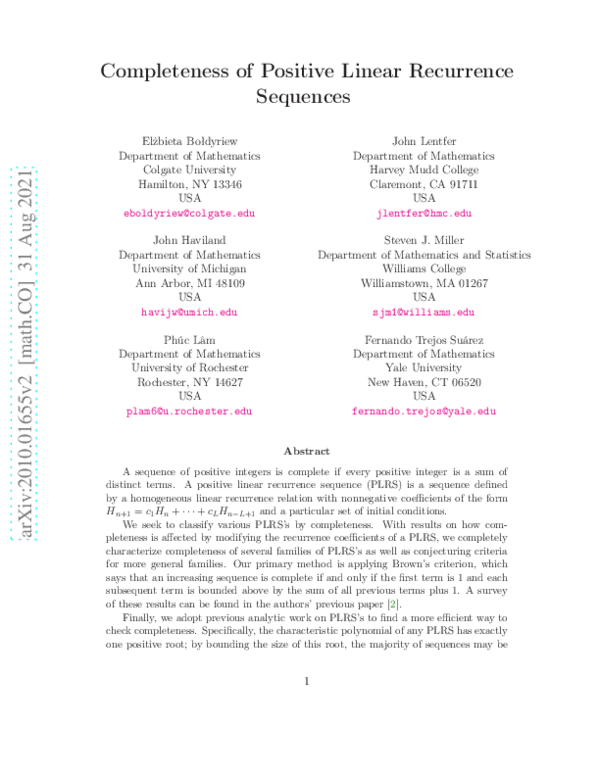 (PDF) Completeness of Positive Linear Recurrence Sequences