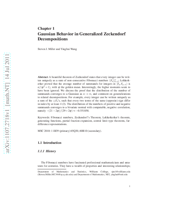 (PDF) Gaussian Behavior in Generalized Zeckendorf Decompositions