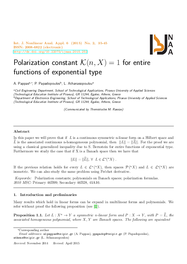 (PDF) Polarization constant $mathcal{K}(n,X)=1$ for entire functions of ...