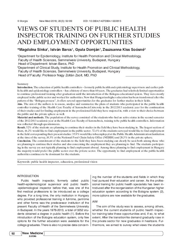 (PDF) ViewS of StudentS of puBliC health inSpeCtor training on further ...