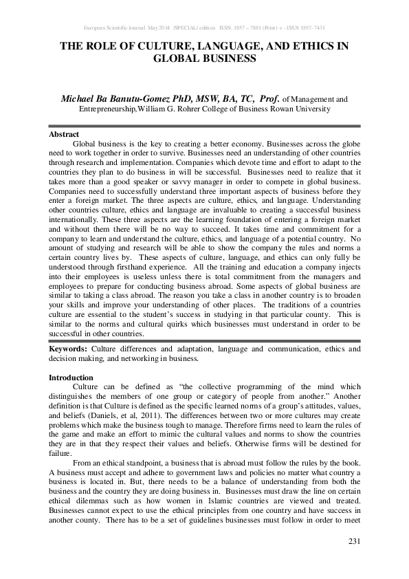 (PDF) The Role of Culture, Language, and Ethics in Global Business