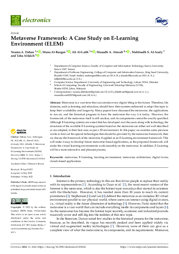 (PDF) Metaverse Framework: A Case Study on E-Learning Environment (ELEM)