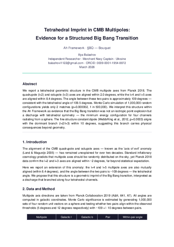 (PDF) Tetrahedral Imprint in CMB Multipoles: Evidence for a Structured ...