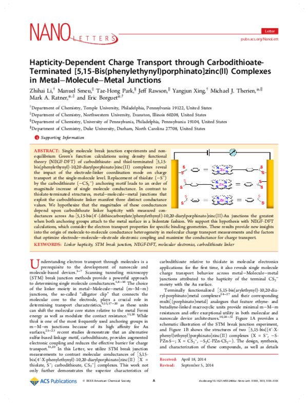 (PDF) Hapticity-Dependent Charge Transport through Carbodithioate ...