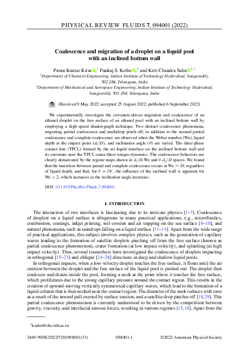 (PDF) Coalescence and migration of a droplet on a liquid pool with an ...