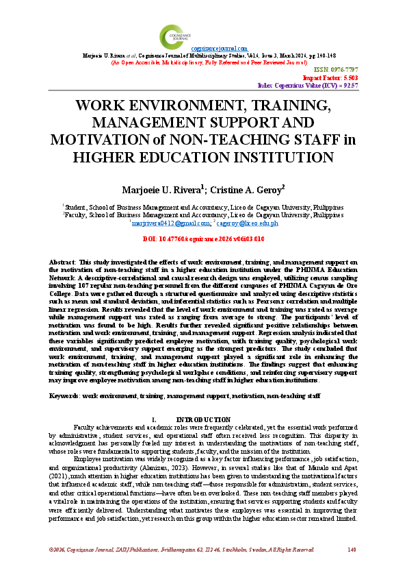 (PDF) WORK ENVIRONMENT, TRAINING, MANAGEMENT SUPPORT AND MOTIVATION of ...