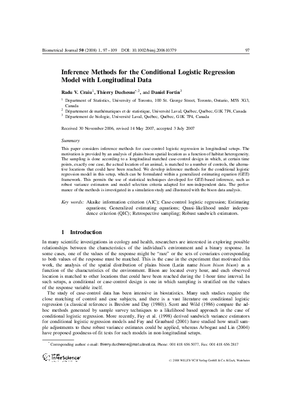 (PDF) Inference Methods for the Conditional Logistic Regression Model ...