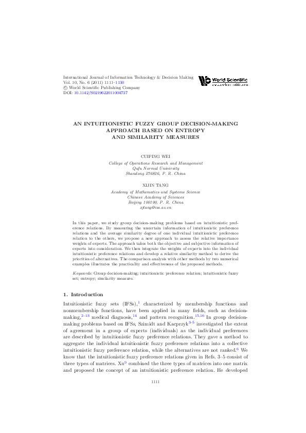 (PDF) An Intuitionistic Fuzzy Group Decision-Making Approach Based on ...