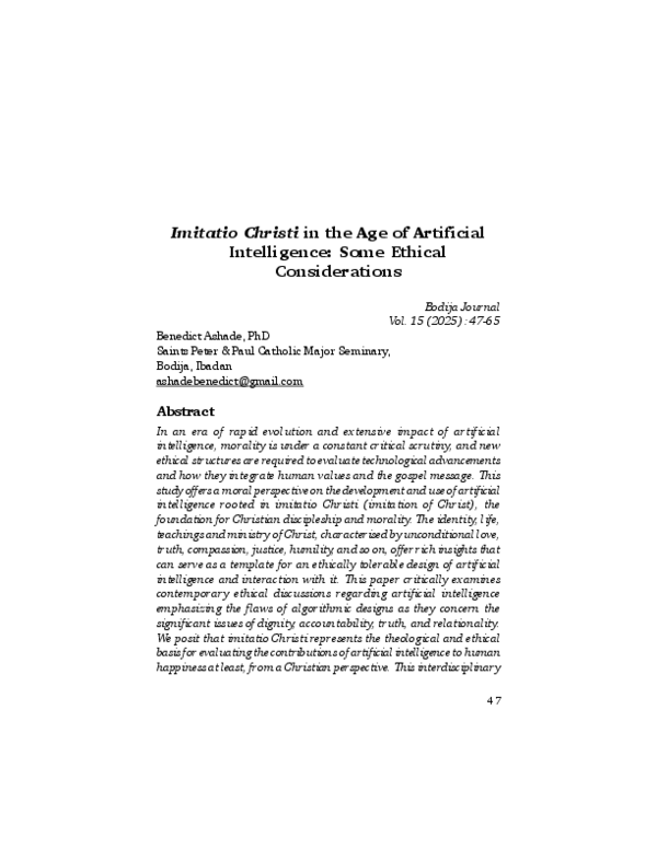 (PDF) Imitatio Christi in the Age of Artificial Intelligence: Some ...
