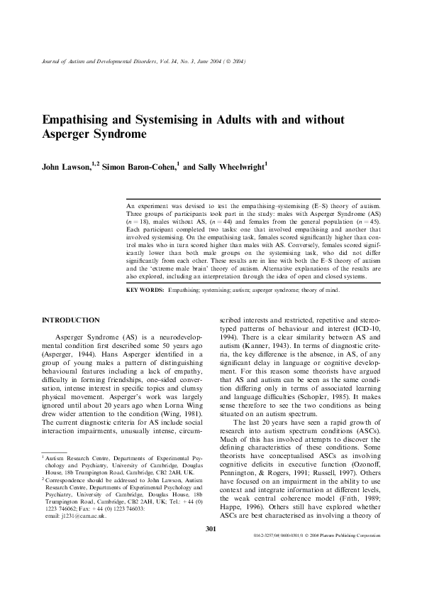 (PDF) Empathising and Systemising in Adults with and without Asperger ...