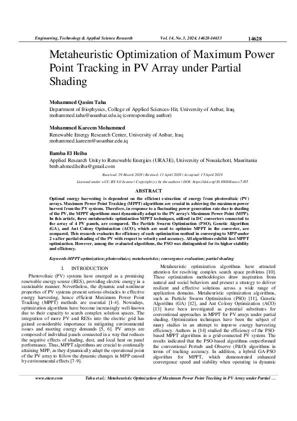 (PDF) Metaheuristic Optimization of Maximum Power Point Tracking in PV ...