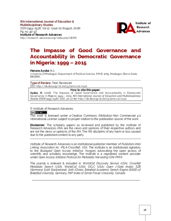(PDF) The Impasse of Good Governance and Accountability in Democratic ...