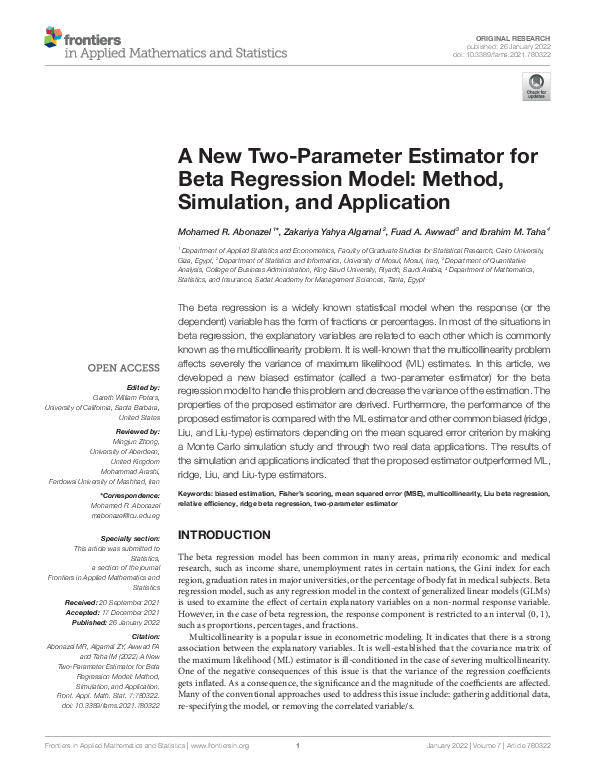 (PDF) A New Two-Parameter Estimator for Beta Regression Model: Method ...