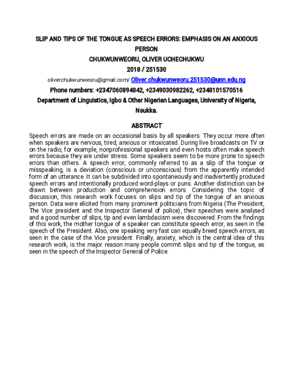 (PDF) SLIPS AND TIP OF THE TONGUE AS SPEECH ERRORS CASE STUDY OF AN ...