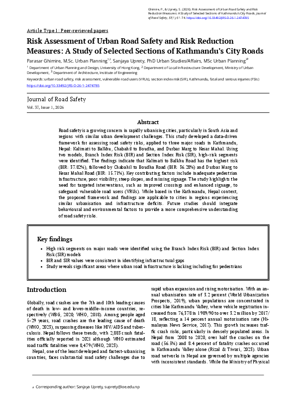 (PDF) Risk Assessment of Urban Road Safety and Risk Reduction Measures ...