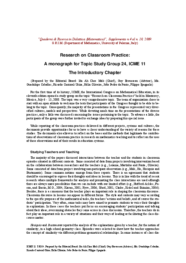 (PDF) Research on classroom practice: A monograph for topic study group ...