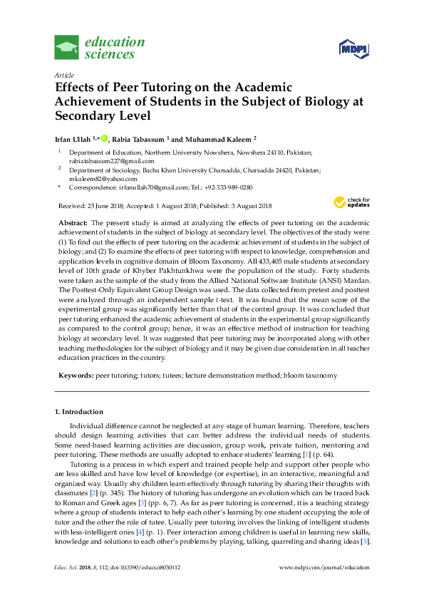 (PDF) Effects of Peer Tutoring on the Academic Achievement of Students ...