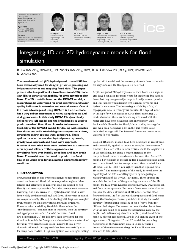 (PDF) Integrating 1D and 2D hydrodynamic models for flood simulation