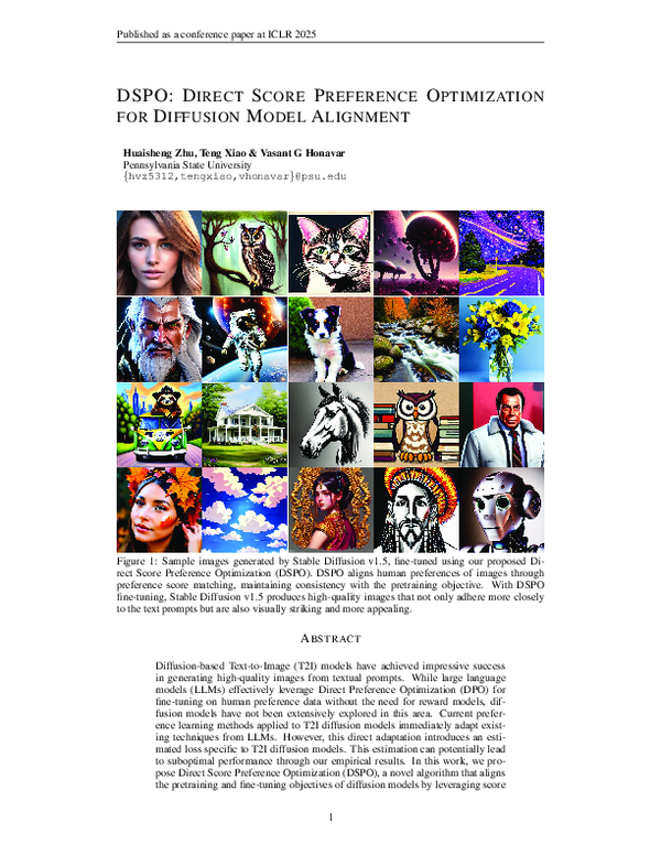 (PDF) DSPO: DIRECT SCORE PREFERENCE OPTIMIZATION FOR DIFFUSION MODEL ...