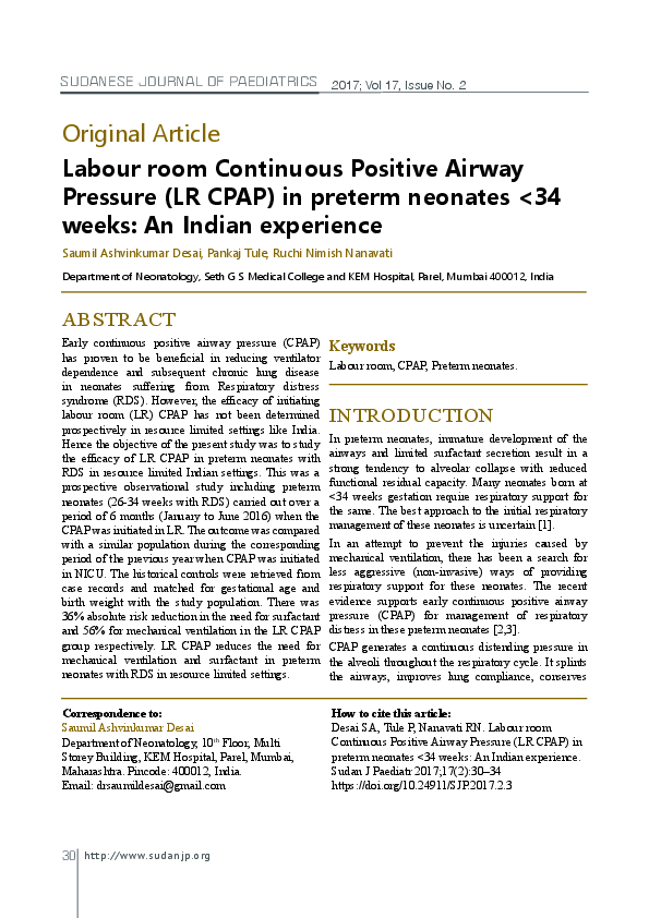 (PDF) Labour Room Continuous Positive Airway Pressure (LR CPAP) In ...