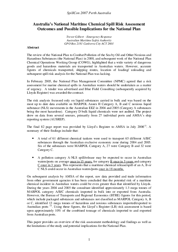 (PDF) Australia's National Maritime Chemical Spill Risk Assessment ...