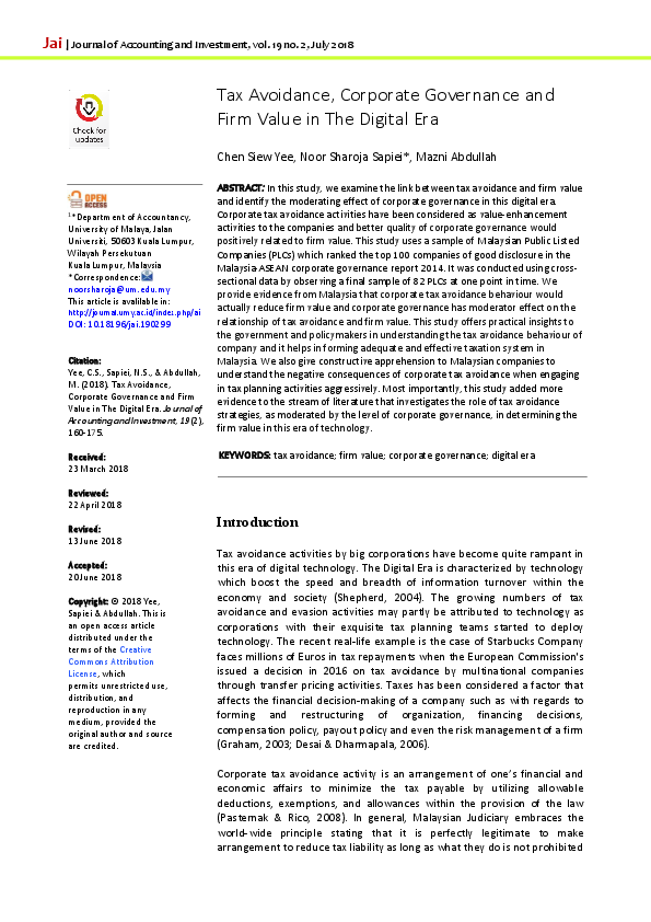 (PDF) Tax Avoidance, Corporate Governance and Firm Value in The Digital Era