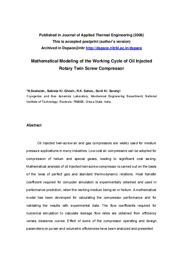 (PDF) Mathematical modeling of the working cycle of oil injected rotary ...